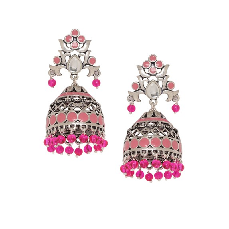 Oxidised Silver-Plated & Pink Dome Shaped Jhumkas