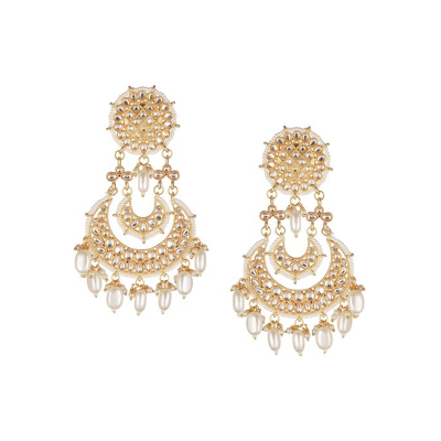 Gold-Plated Contemporary Kundan & Beaded Drop Earrings