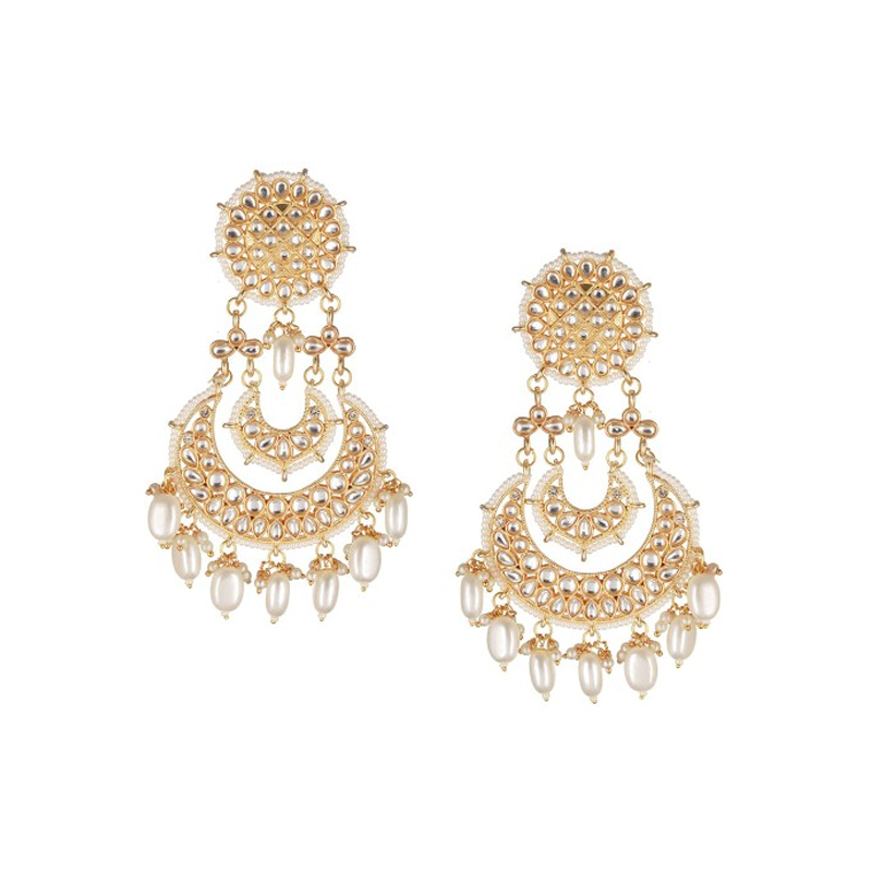 Gold-Plated Contemporary Kundan & Beaded Drop Earrings