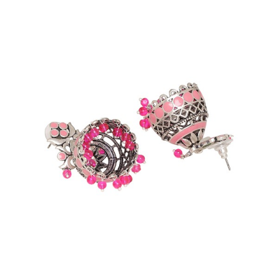 Oxidised Silver-Plated & Pink Dome Shaped Jhumkas