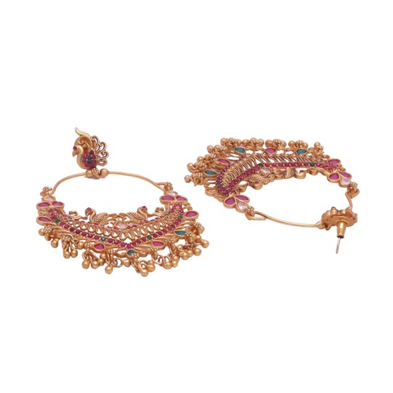 Gold-Plated & Red Peacock Shaped Drop Earrings