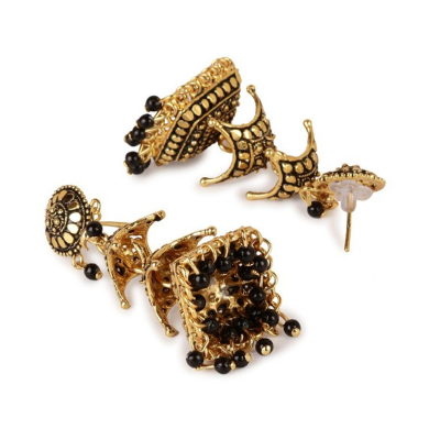 Gold-Toned & Black Dome Shaped Jhumkas