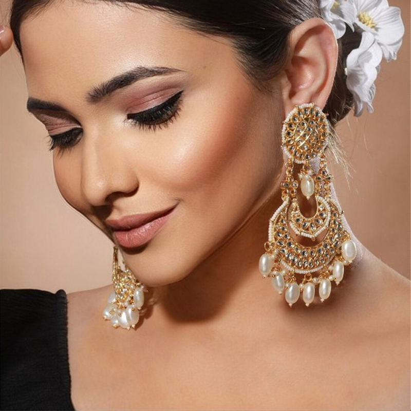 Gold-Plated Contemporary Kundan & Beaded Drop Earrings