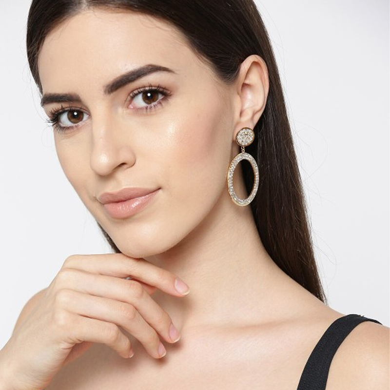 Gold-Plated & White Contemporary Drop Earrings